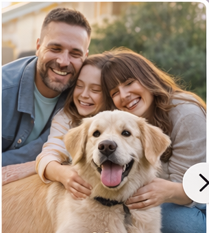 Familia abrazando a su perro en una foto llena de cariño