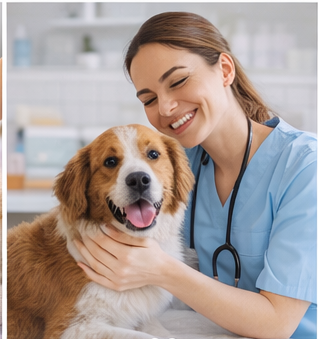 Perro feliz acompañado por una profesional